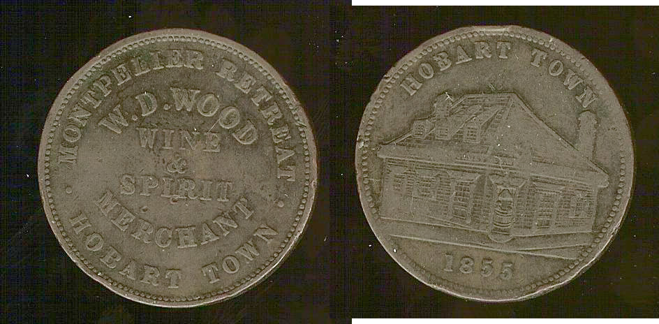 Australian W.D. Wood Hobart Town Tasmania Penny Token 1855 gVF